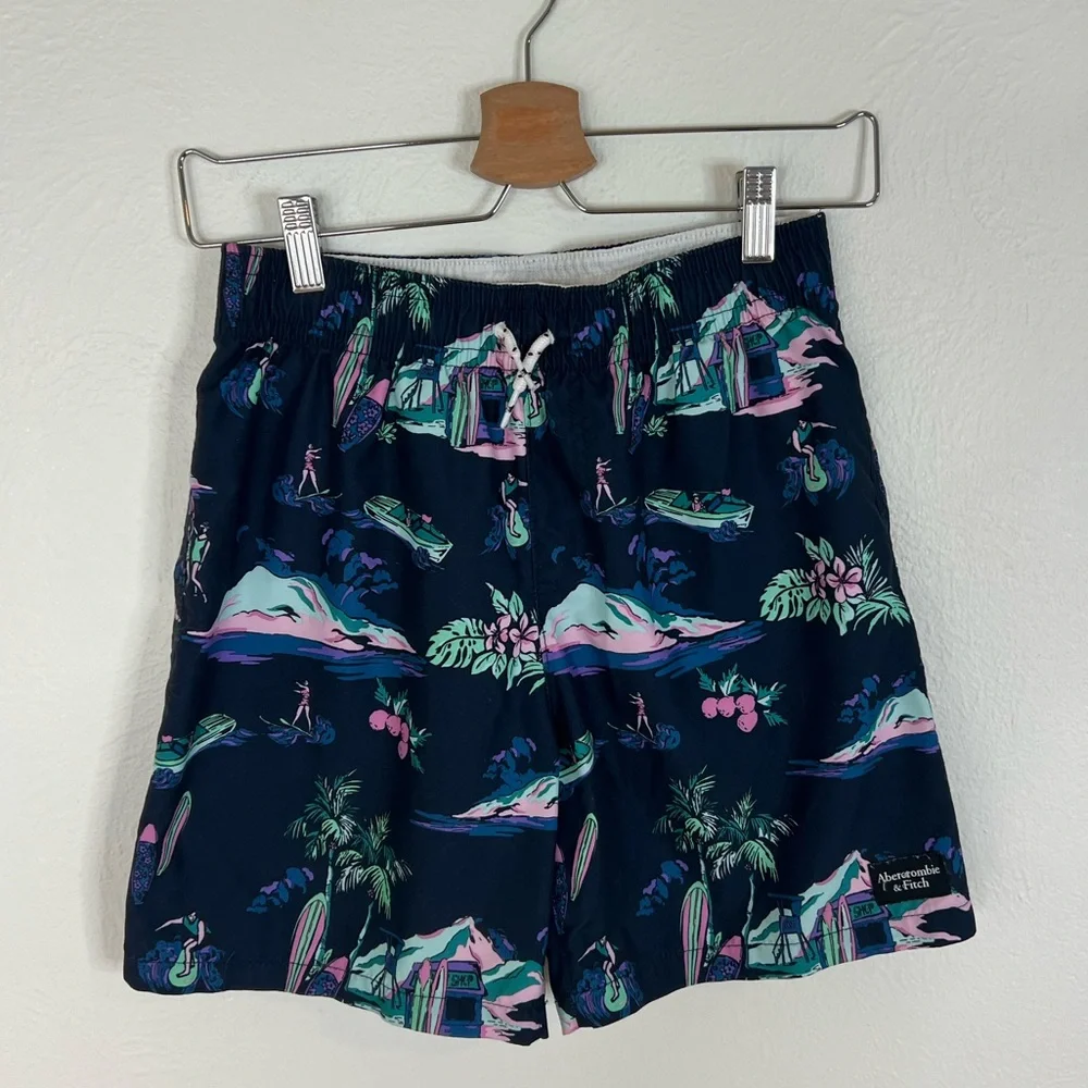 Abercrombie Kids Swim Trunks Navy Tropical Print Elastic Waist Lined Size 11/12